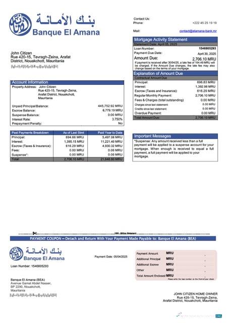 Download Mauritania Banque El Amana (BEA) mortgage statement Word and PDF template Photoshop template